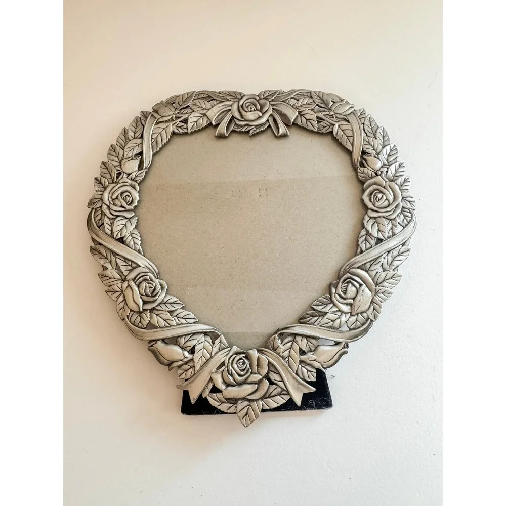 Vintage MT Heart Shaped Pewter Tone Rose Floral Ribbon Picture Frame 7.5x7.5